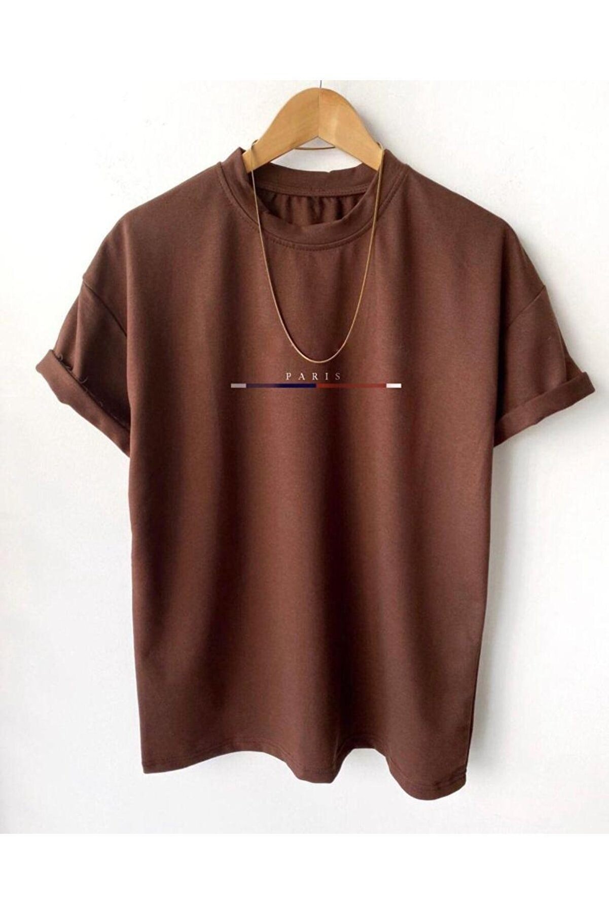 Erkek Ince Çizgili Paris Baskılı Oversize Bisiklet Yaka Tişört